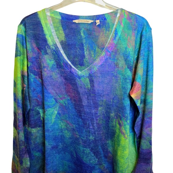 Soft Surroundings Colorful Sweater Top V-Neck Medium Blue Green Abstract - Picture 5 of 12